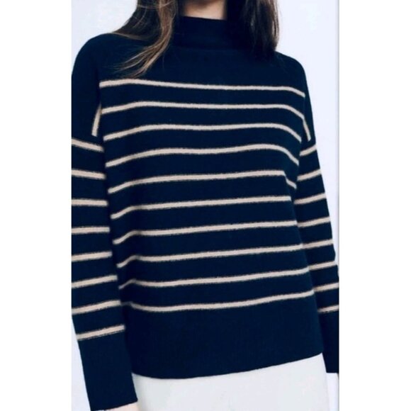 Magaschoni 100% Cashmere Mock Neck Striped Navy blue (SOLD) - Picture 2 of 7